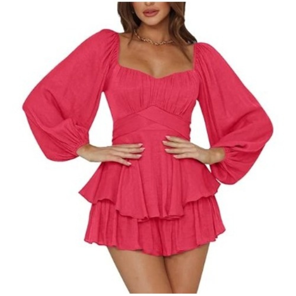 Lyaner Hot Pink Ruffle Tiered Romper Lantern Sleeve Square Neck Size L